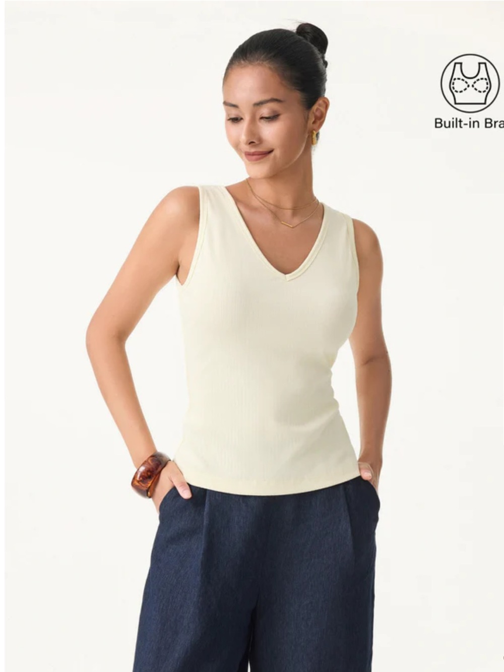 OGL V-Neck Ribbed Tank Top in Cream with built in bra
